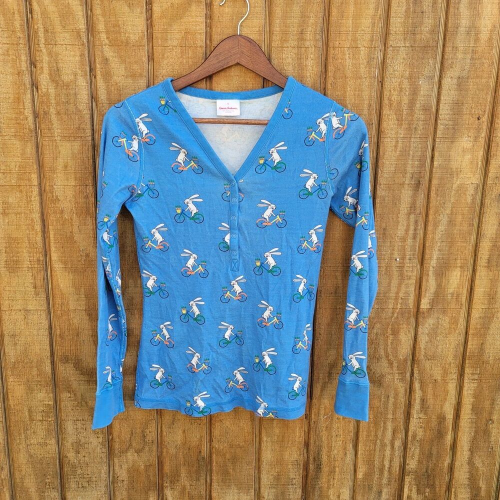 Hanna Andersson Easter Bunny On A Bike Snap Henley Top Womens Size S